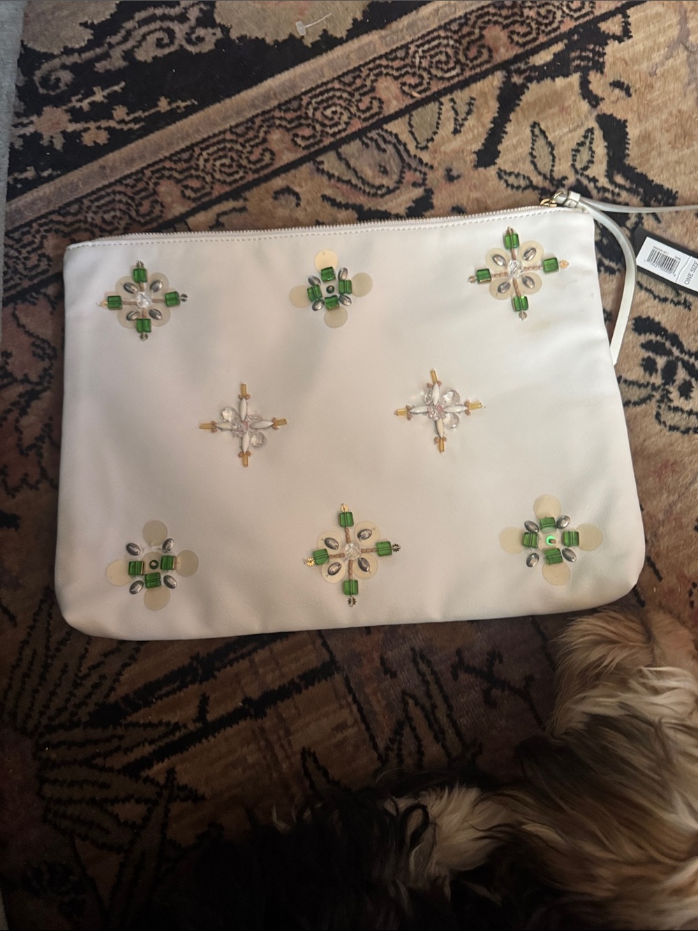 Banana Republic White Clutch with Green and Gold Embellishments